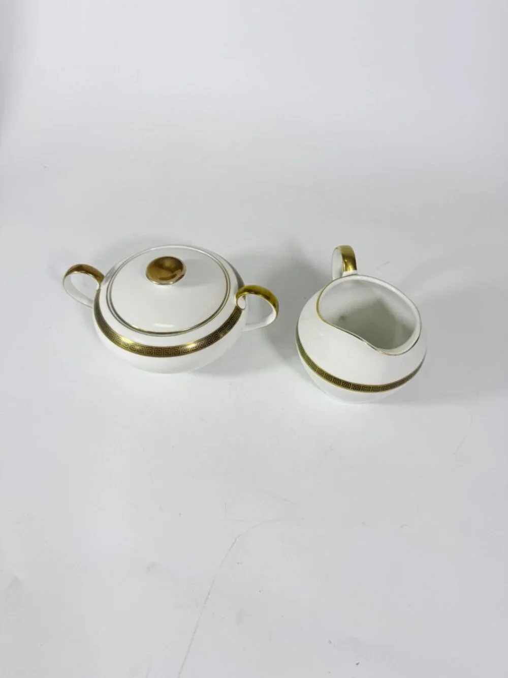 Cream and Sugar Bowl Set Key Largo by Meito Black Greek Key On Gold Band Royal M